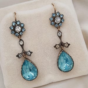 Antique Blue Foiled Paste Dangle Drop Floral Silver & Gold earrings