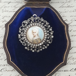 French 19th Century Silver & Diamond Paste Miniature Hand Painted Portrait Pendant Brooch- Antique Painted Portrait Of A Lady