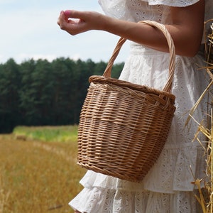 May include: A woven wicker basket with a handle, in a field of golden hay. The basket is light brown and has a natural, rustic look.