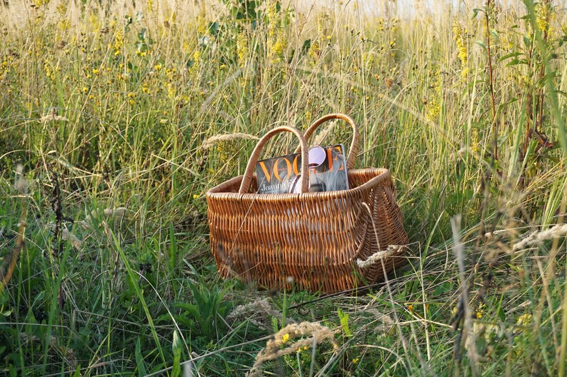 May include: A brown wicker basket with two handles sits in a field of tall green grass. The basket contains a magazine with the word "Vogue" on the cover.