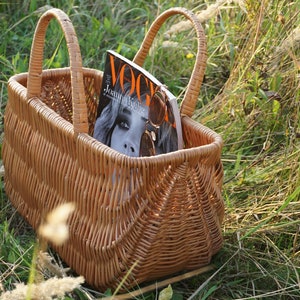 May include: A brown wicker basket with two handles, sitting in tall green grass. A magazine titled "Vogue" is inside the basket.
