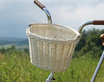 Wicker bike basket in white color mounted on the hooks, For handlebar,  Panier pour vélo, Fahrradkorb, fietsmand. personalized gift mom