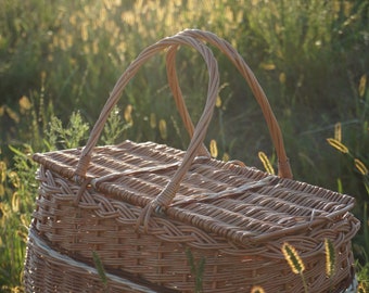 Personalisierter Picknickkorb mit Deckel, Picknickkorb zwei, Handgewebter Korb, Picknickkorb für zwei, Französische Markttasche, Einkaufstasche