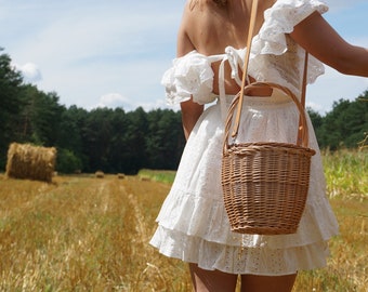 Jane Birkin Basket, Birkin Style Bag,Wicker Bag,Beach Bag,Birkin Basket Handmade with leather strap, Round Wicker Basket,Round Willow Basket