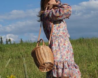 Jane Birkin Korb,Birkin Style Tasche,Weidentasche,Strandtasche,Brikin Korb Handarbeit mit Ledergriff,Runder Weidenkorb,Runder Weidenkorb