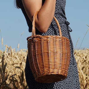 May include: A brown wicker basket with a woven handle. The basket is round and has a slightly flared top. It is being held by a person in a field of wheat.