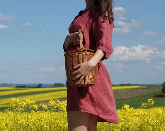 Birkin Style Bag, Jane Birkin Basket Bag, Picnic basket with lid,  Wicker Picnic basket two, Hand woven basket, Picnic Basket for Two