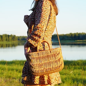 Small wicker basket with leather strap. Wicker summer bag. personalized gift mom