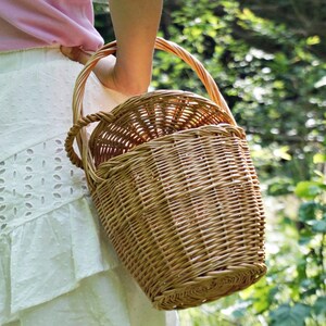 May include: A woven wicker basket with a single handle. The basket is brown and has a natural finish.