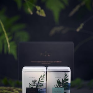 Puede incluir: Dos latas de té PLUKT blancas con ilustraciones botánicas y el texto "Nordic Black" y "Nordic Green". Una caja negra con el logo PLUKT está detrás de las latas. El follaje verde enmarca la escena.