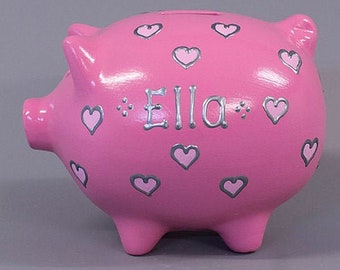 Personalised Piggy Bank by Piggery Pottery // 'Little Hearts' // Christmas Gift for Girls // Custom Money Bank // Handmade in Wales