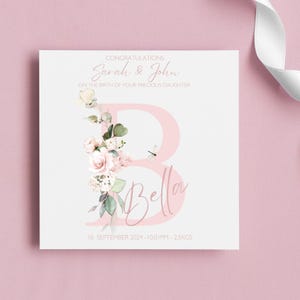 Personalised New Baby Girl Card - Congratulations on the Birth of your Daughter - Pink Floral Initial and Name - Soft and Feminine