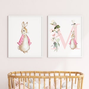 Digital Download Beatrix Potter Flopsy Rabbit and Letter Printable Nursery Wall Art | Set of 2| Floral Letter | Pink | Girls Room Decor |