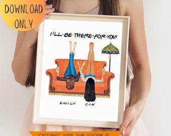 Personalisierte Freunde auf Orange Couch digitaler Download, Besties personalisierte Geschenk, personalisierte druckbare Freund
