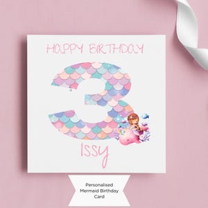 Personalised Mermaid 3rd Birthday Card, Customised Girl Card, Age Birthday card, Square Card