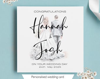 Op de afbeelding: Vierkante trouwkaart met de namen "Hannah & Josh" in elegant schrift. De kaart toont een illustratie van een stel en de tekst "Gefeliciteerd" en "Op jullie trouwdag 24 mei 2025". De kaart meet 14 cm x 14 cm.