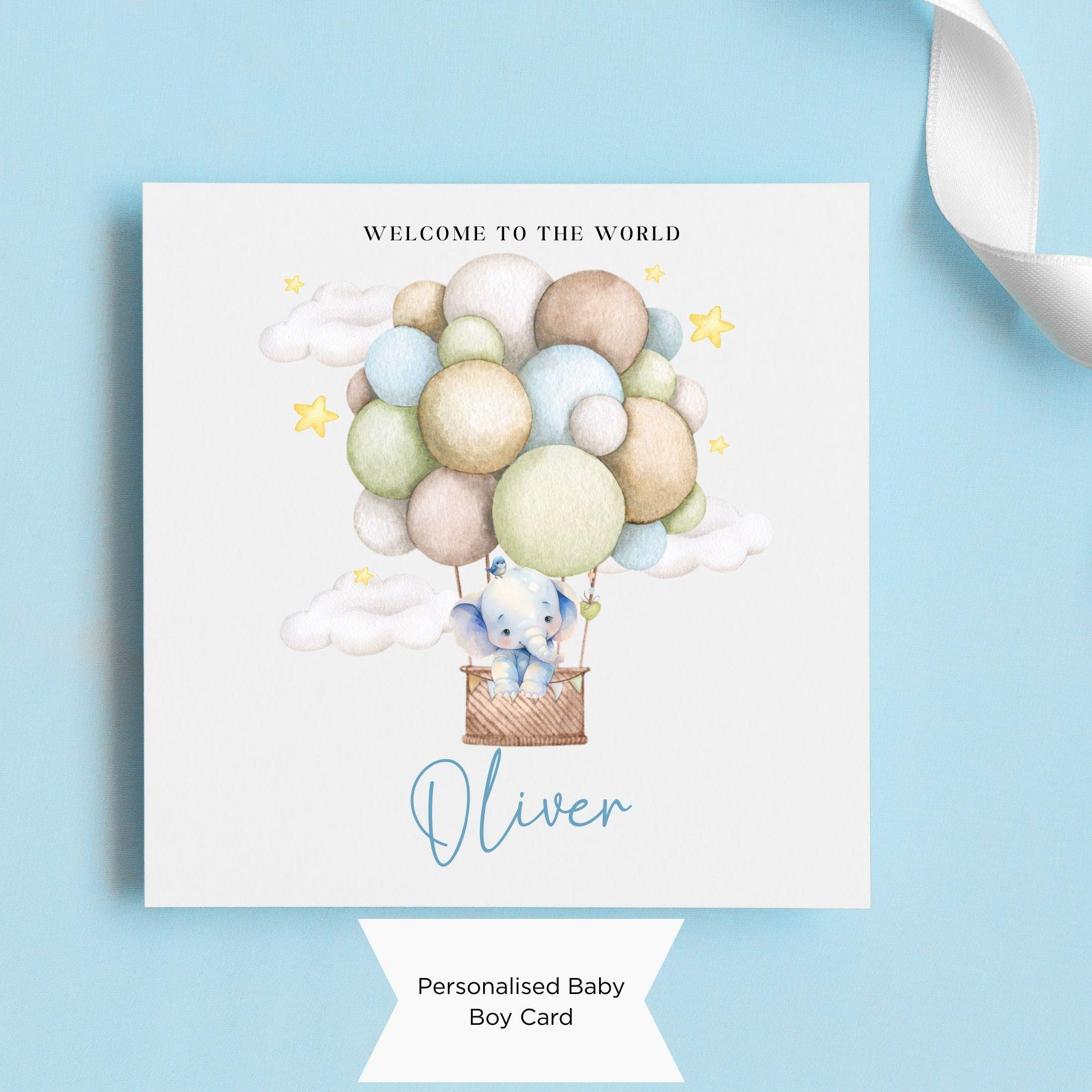 Personalised New Baby Boy Card With an Elephant in a Hot Air Balloon ...