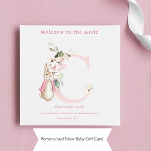 Personalised New Baby Girl Card - Welcome to the World  Pink Bunny Initial and Name - Soft and sweet