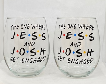 Friends style engagement gift, set of 2 stemless wineglasses
