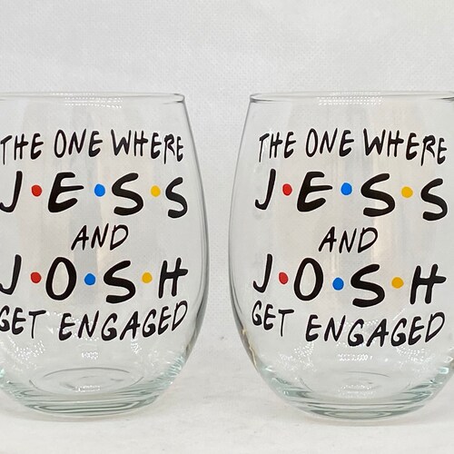 Friends style engagement gift, set of 2 stemless wineglasses