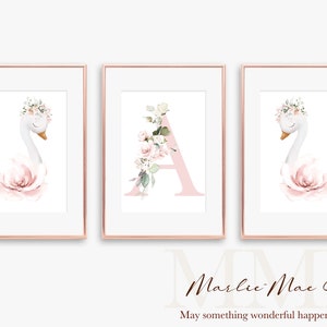 Swans and Letter Printable Nursery Wall Art | Set of 3 | Floral Letter | Cute | Pink | Girls Room Decor | Digital Download | Baby Girl