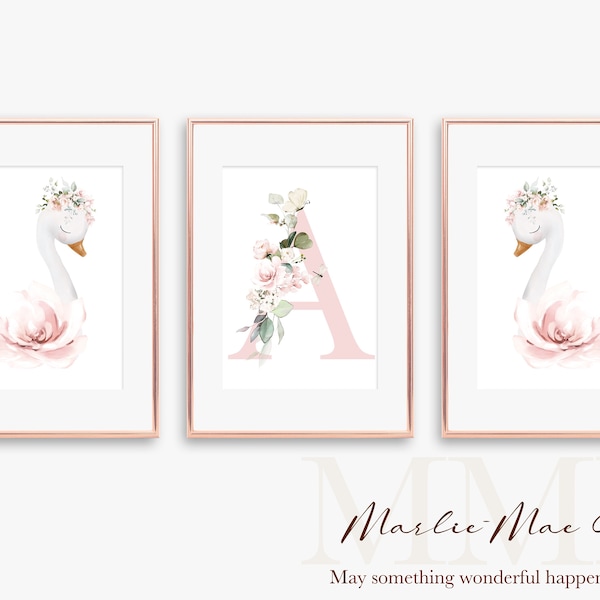 Swans and Letter Printable Nursery Wall Art | Set of 3 | Floral Letter | Cute | Pink | Girls Room Decor | Digital Download | Baby Girl