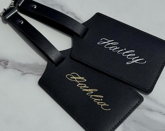 Personalized bridesmaids gifts and destination wedding favors, custom luggage tags, faux leather