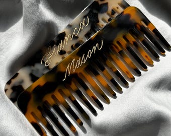 Personalized Travel Hair Comb | Engraved Mini Wide Tooth Pocket Comb | Tortoiseshell & Ivory | Custom Name Bridesmaid Gift, Bridal Favor
