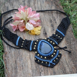 Black Macrame Necklace with Natural Labradorite Stone and Brass beads,Labradorite Macrame Necklace ,Free Length,Macrame Jewelry,Gift ,M117