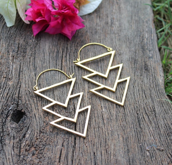 Big Geometric Earrings triangle Earrings hoop Earrings brass