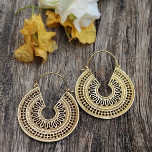 Hoop Brass Earrings, Bohemian Earrings, Boho Earrings, dangle drop Earrings,  Brass jewelry,gift for her, Tribal design, Ethnic earrings,E59