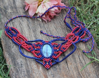 Red Macrame Necklace with Natural Labradorite Stone and Brass beads,Labradorite Macrame Necklace ,Free Length,Macrame Jewelry,Gift ,M131