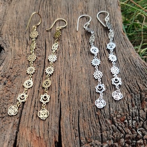 Seven Chakra Brass Earrings,Delicate Boho Earrings,Silver Earrings,Dangle drop Earrings, Religious Jewelry,Chakra Jewelry,Gift for her