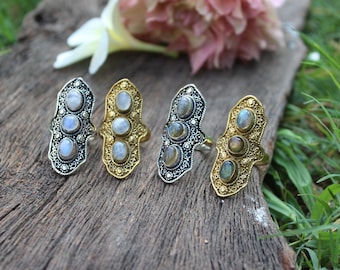 Moonstone Ring,Labradorite Ring,Statement Ring,3 Stone Ring,Adjustable Brass Ring,Wedding Ring,Ethnic Ring,Boho Ring,Gift for Her