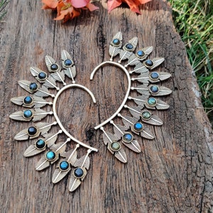 Feather Brass Ear Cuff,Moonstone Ear Cuff,Labradorite Ear Cuffs,Ear Wrap,Ear Cuff,Tribal Jewelry,Ear Climber,Modern Earrings,Leaf Ear Cuff