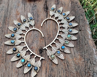 Feather Brass Ear Cuff,Moonstone Ear Cuff,Labradorite Ear Cuffs,Ear Wrap,Ear Cuff,Tribal Jewelry,Ear Climber,Modern Earrings,Leaf Ear Cuff