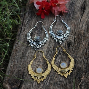 Moonstone Earrings,Labradorite Earrings,Hoop Earrings,Tribal Earrings,Boho Earrings, Statement Earrings,Ethnic Earrings, Stones Earrings,E26