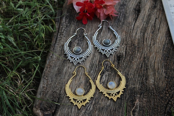 Moonstone Earrings,Labradorite Earrings,Hoop Earrings,Tribal Earrings,Boho Earrings, Statement Earrings,Ethnic Earrings, Stones Earrings,E26