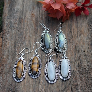 Labradorite Earrings,Moonstone Earrings,Tiger Eye Earring,Boho Earrings,Dangle drop Earrings,Brass Earrings,Ethnic Earring,gift for her E155