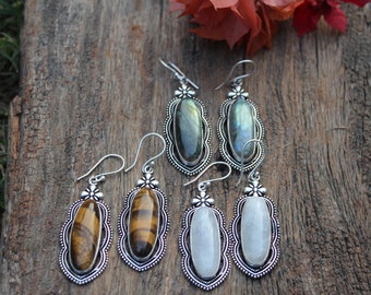 Labradorite Earrings,Moonstone Earrings,Tiger Eye Earring,Boho Earrings,Dangle drop Earrings,Brass Earrings,Ethnic Earring,gift for her E155