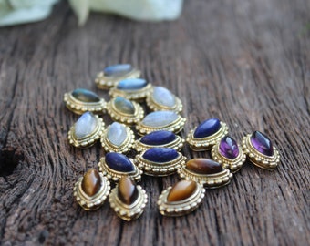 Marquise Grooved Stones,Moonstone,Labradorite,Lapis,Amethyst,Tiger eye cabochon Stone with brass groove frame for micro macrame jewelry