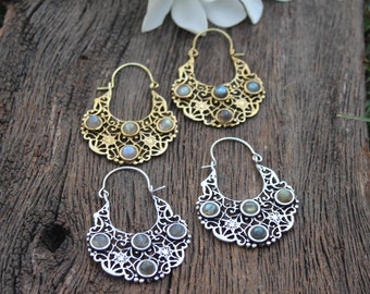 Labradorite Earrings,4 Stone Hoop Earrings,Tribal Earrings,Boho Earrings,Statement Earrings,Ethnic Earrings,Silver Earrings,Gift for her