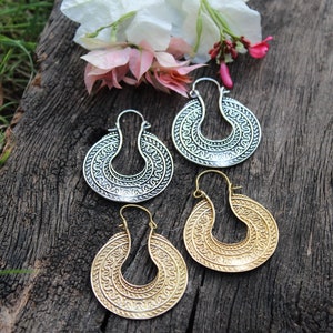 Ethnic Hoop Brass Earrings,Tribal Earrings,Boho Earrings,Silver Hoop Earrings,White metal Earrings, Festival Jewelry,Gypsy Gift for her, E18