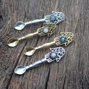 Wisiorek Hamsa, Wisiorek z labradorytu, Wisiorek łyżka, Wisiorek boho, Mosiężna łyżka, Mosiężny wisiorek, Funky łyżka, Zawieszka łyżka, Prezent dla niej, Prezent dla niego