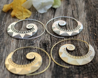 Spiral Earrings, Engraved Earrings, Brass Earrings,Boho Earrings,Tribal Brass Earrings,Ethnic Earrings, Festival Jewelry,Gift for her, E60