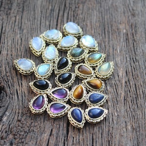 Pear Grooved Stones,Moonstone,Labradorite,Tiger eye,Lapis,Amethyst cabochon Stone with brass groove frame for micro macrame jewelry