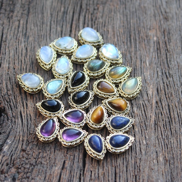 Pear Grooved Stones,Moonstone,Labradorite,Tiger eye,Lapis,Amethyst cabochon Stone with brass groove frame for micro macrame jewelry