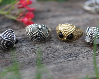 Owl Ring,Moonstone Ring,Stone Ring,Labradorite Ring,Tiger Eye Ring,Adjustable Brass Ring,Ethnic Brass Ring,Boho Ring,Tribal Ring