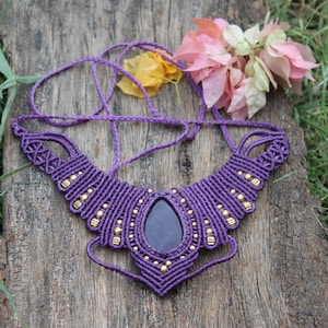 Amethyst Macrame Necklace,Purple Macrame Necklace with Purple Amethyst Stone and Brass beads,Free Length,Macrame Jewelry,Gift for her,M107
