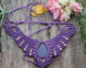 Amethyst Macrame Necklace,Purple Macrame Necklace with Purple Amethyst Stone and Brass beads,Free Length,Macrame Jewelry,Gift for her,M107
